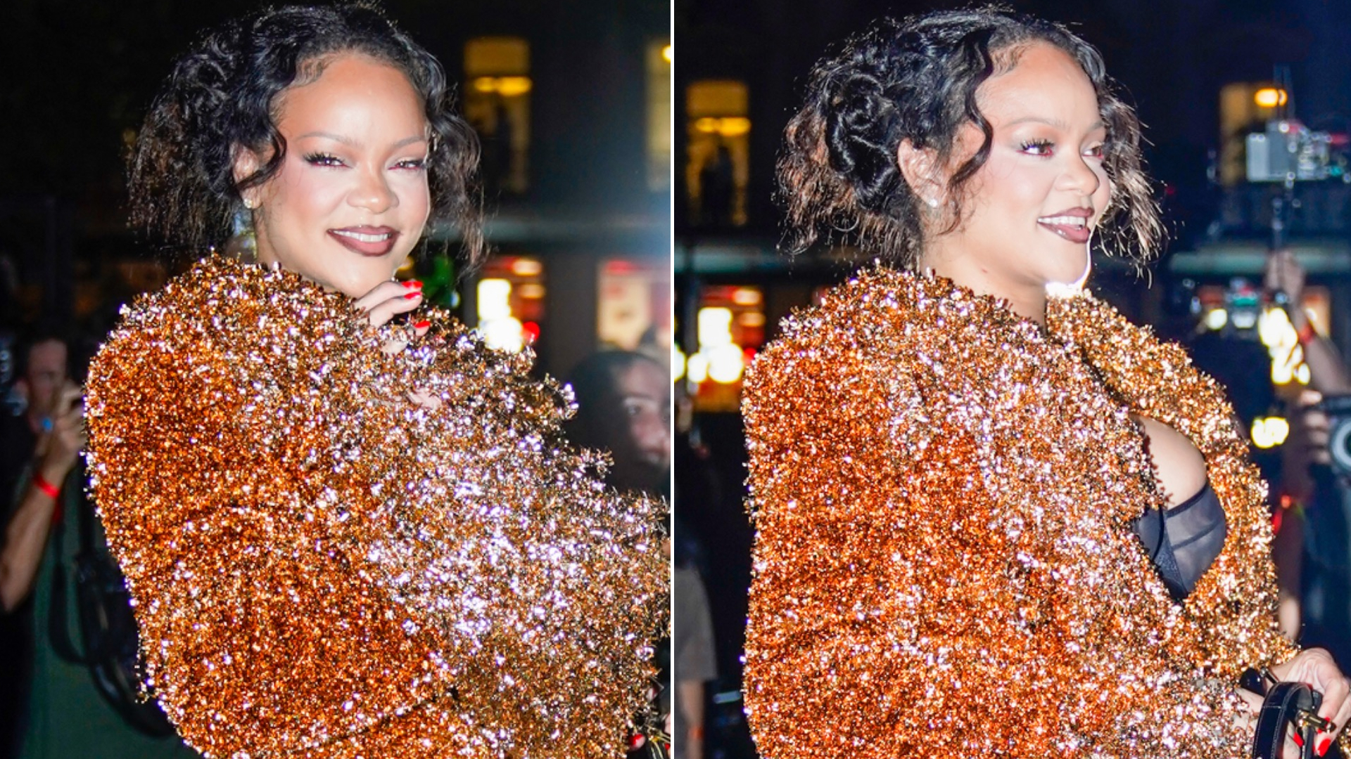 Rihanna attends Mati&egrave;res F&eacute;cales's Spring/Summer 2027 show at Paris Fashion Week, wearing a glittery orange matching set and a peekaboo bra