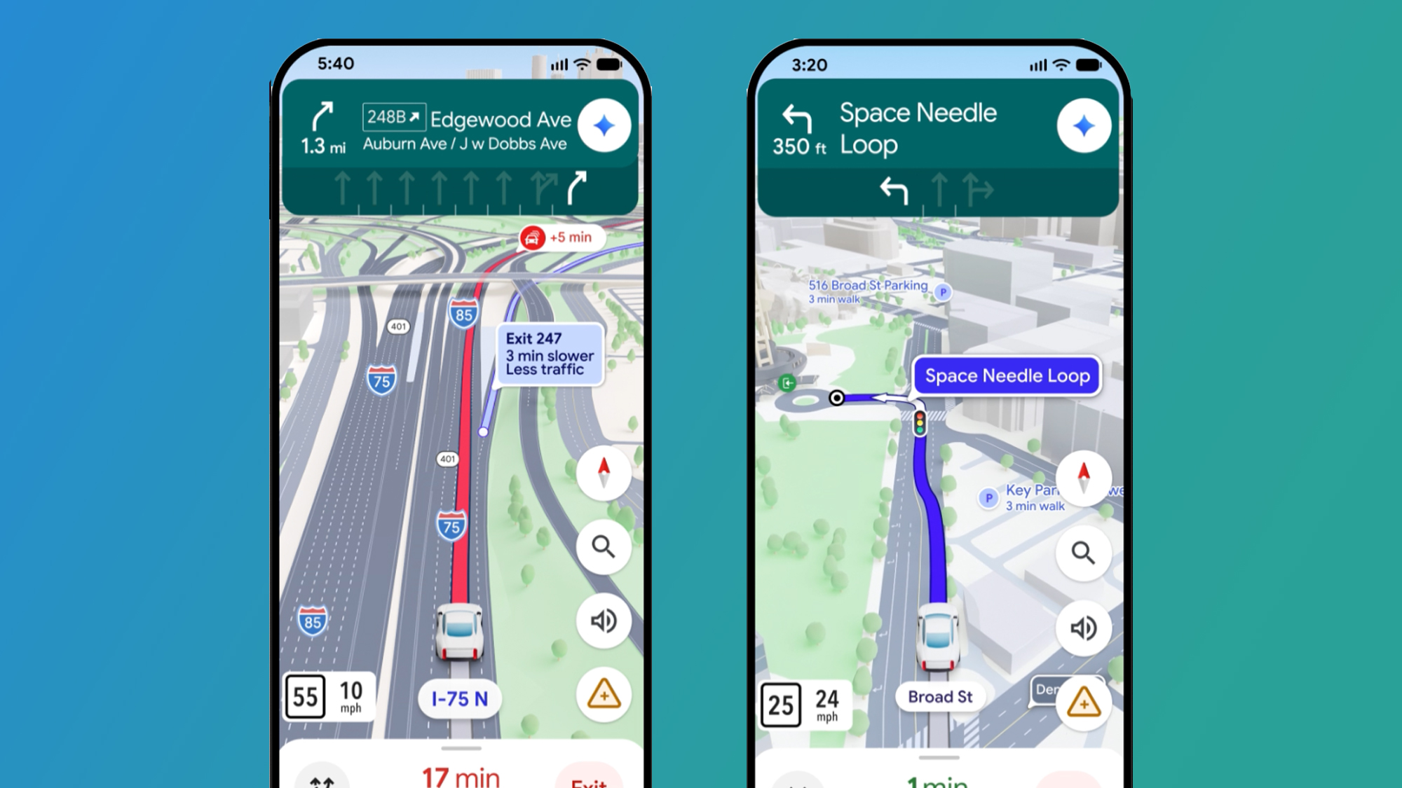 Two phones on a blue and green background showing the Google Maps app