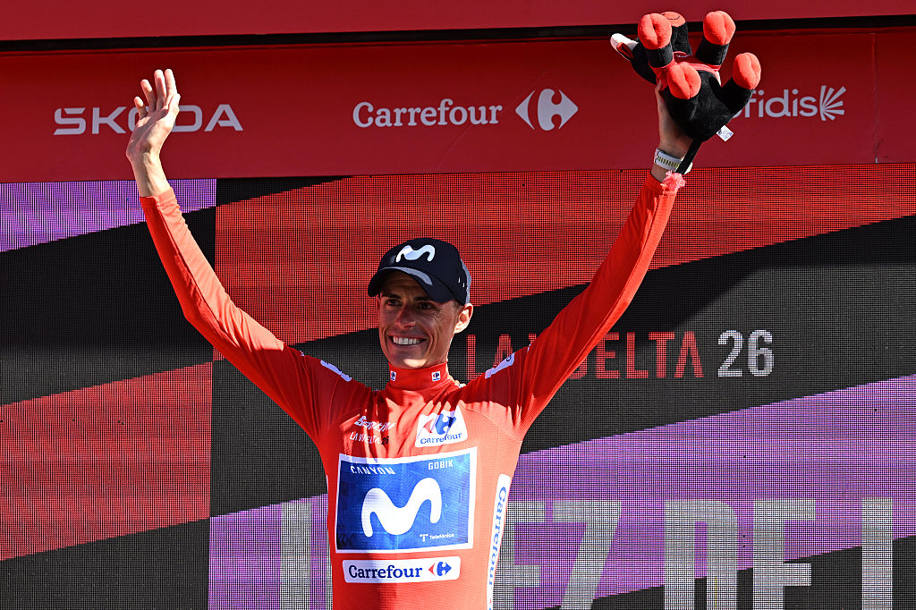 JEREZ DE LA FRONTERA, SPAIN - SEPTEMBER 10: Enric Mas of Spain and Movistar Team celebrates at podium as Red Leader Jersey winner during the La Vuelta - 81st Tour of Spain 2026, Stage 18 a 32.1km individual time trial stage from El Puerto de Santa Maria to Jerez de la Frontera / #UCIWT / on September 10, 2026 in Jerez de la Frontera, Spain. (Photo by Tim de Waele/Getty Images)