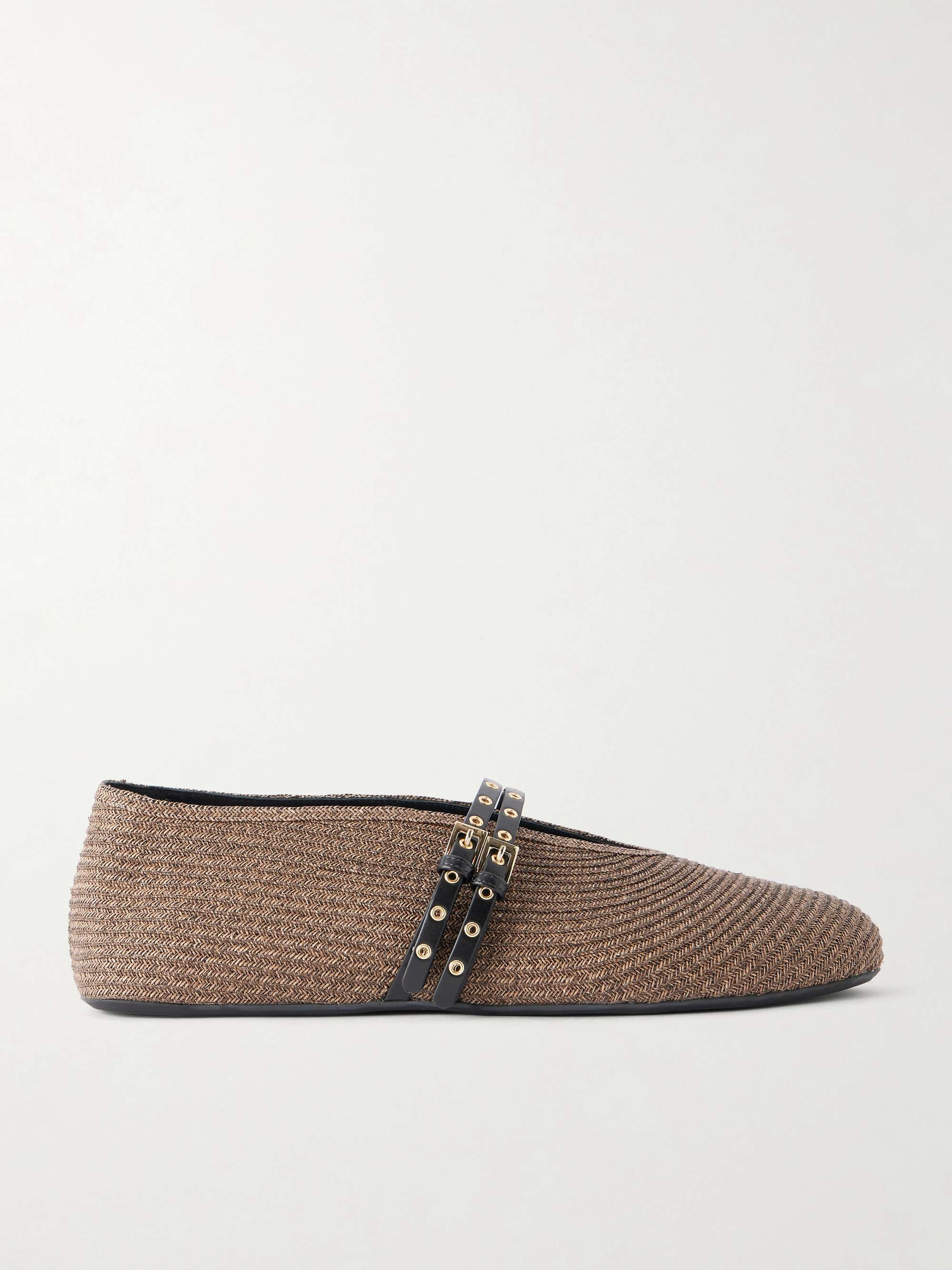 Leather-Trimmed Raffia Ballet Flats