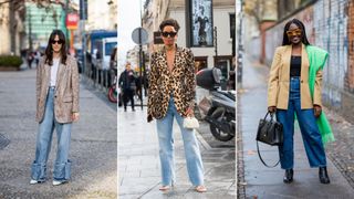 A composite of street style influencers wearing wide leg jeans and a blazer
