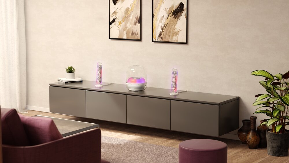 Harman Kardon SoundSticks 5 WiFi on a side table by a wall