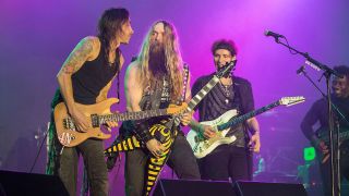 Guitarists Nuno Bettencourt, Zakk Wylde, Steve Vai, and Tosin Abasi of Generation Axe perform on stage at Humphrey's on April 10, 2016 in San Diego, California.
