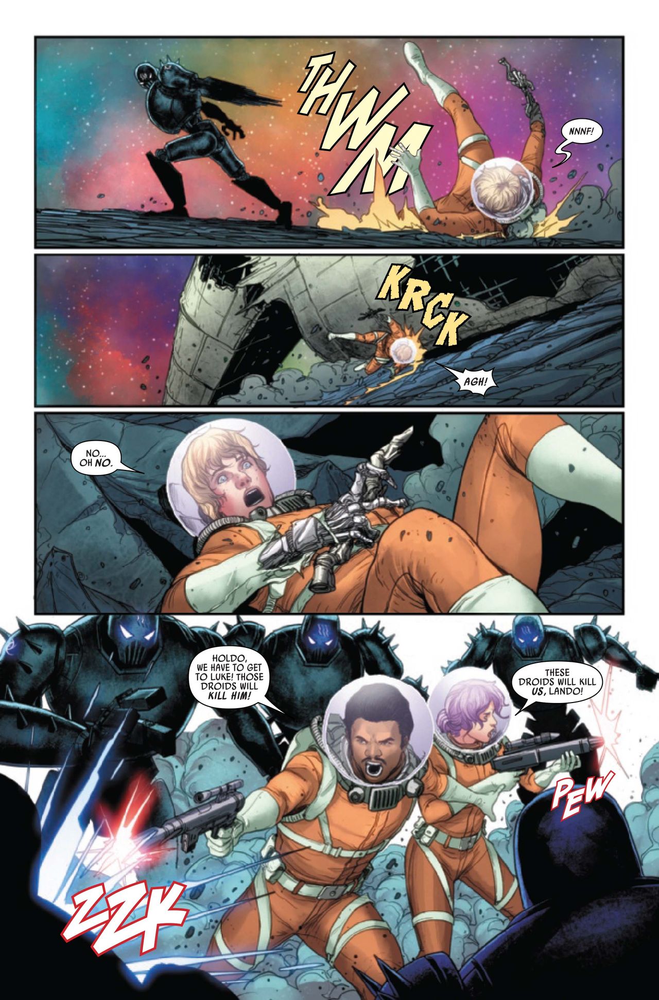 Luke, Lando, Holdo and Chewie fight off Killdroids.