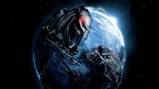 The predator and a xenomorph facing off infront of the planet Earth in the movie Alien vs Predator: Requiem.