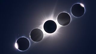 A series of dark circles represent the moon during different phases of a solar eclipse, with the middle circle completely blocking a bright light (the sun) in a dark blue sky.