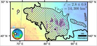 Diagonal striping on this map of a portion of Mars' Utopia Planitia region indicates the area where a large subsurface deposit rich in water ice was assessed using the Shallow Radar instrument on NASA's Mars Reconnaissance Orbiter.