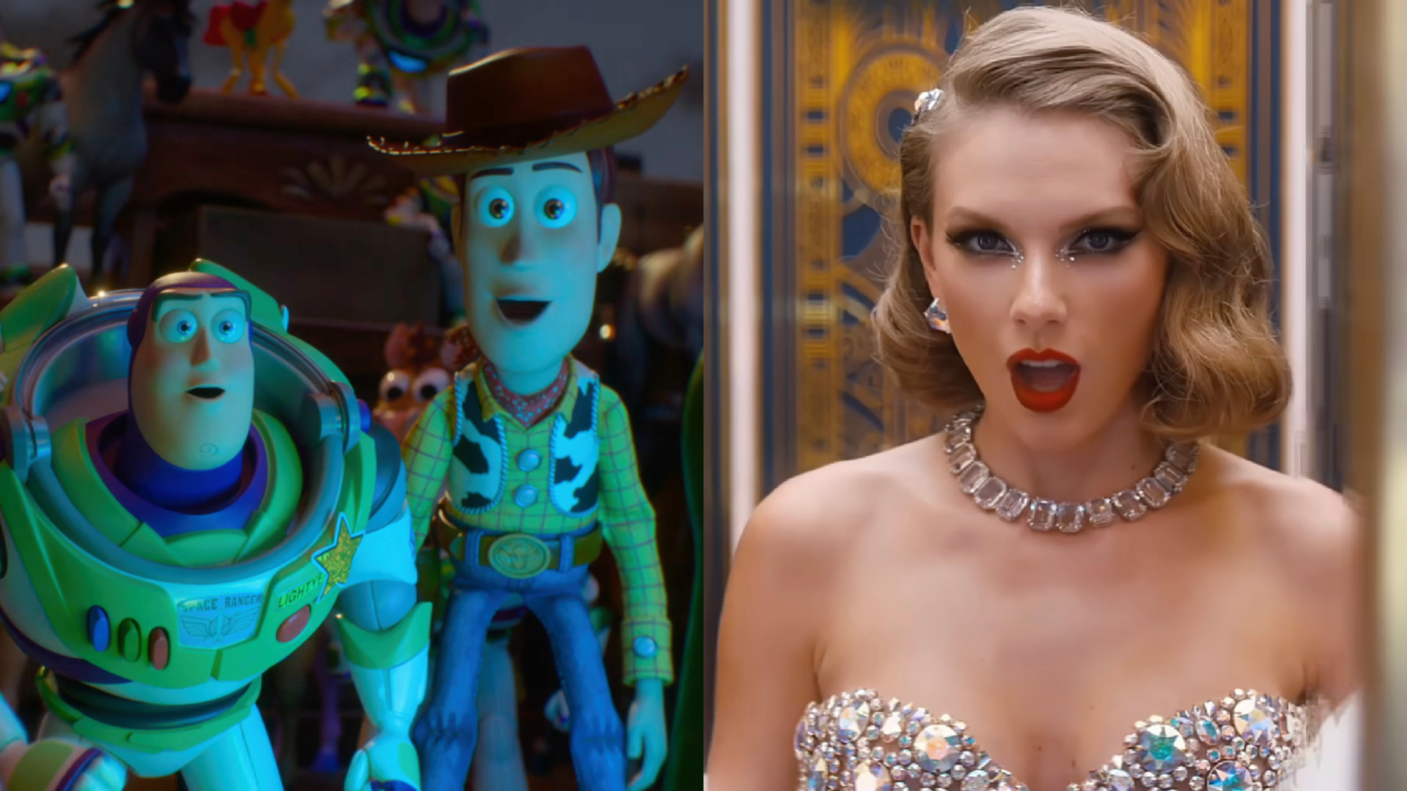 Buzz and Woody in a side-by-side photo with Taylor Swift.