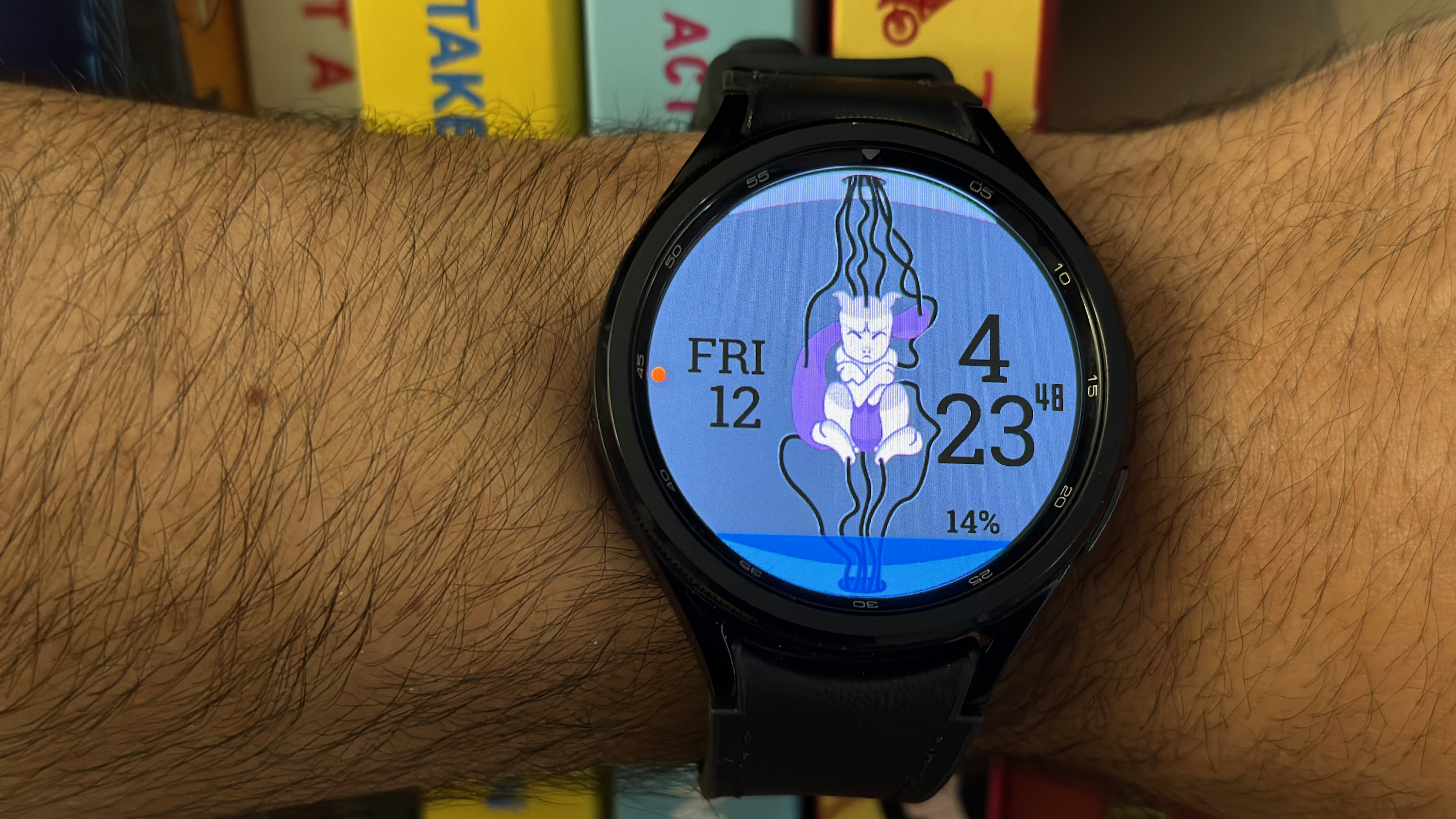 A custom Facer watch face showing Mewtwo in a pod on the Samsung Galaxy Watch 6 Classic