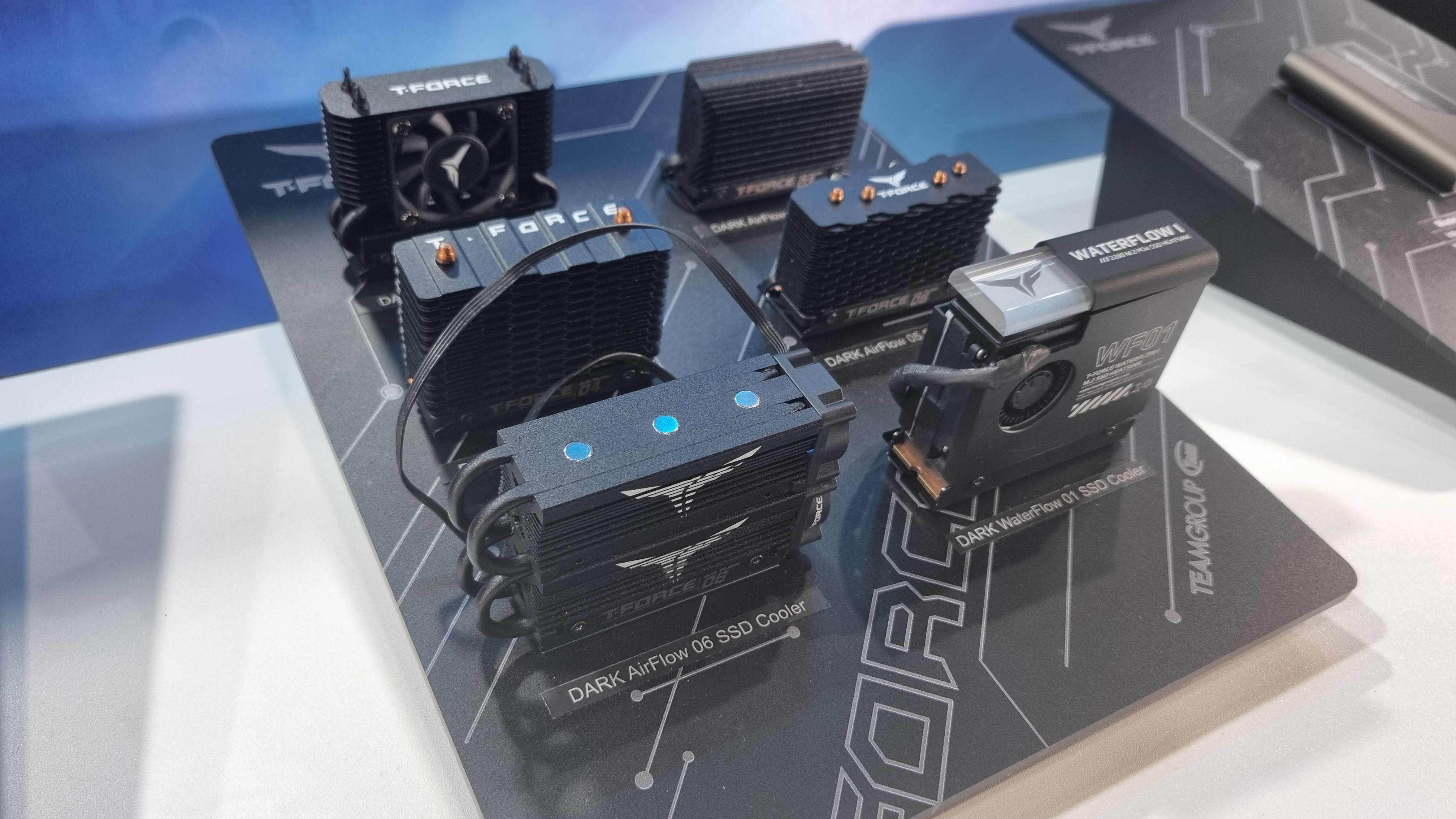 Some prototype cooler designs for Gen 5 SSD drives at the Team Group booth at Computex