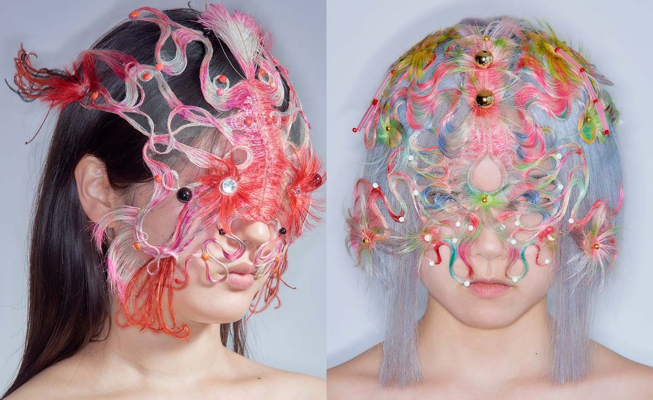 multi-coloured wigs, resembling sea creatures draped over model&#039;s head, by Japanese hair artist Tomihiro Kono, from the book Fancy Creatures