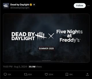 A tweet from @DeadbyDaylight for a FNAF collaboration.