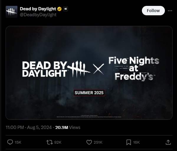 A tweet from @DeadbyDaylight for a FNAF collaboration.