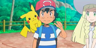 Ash with his Pikachu on the beach in Pokemon: Sun and Moon.