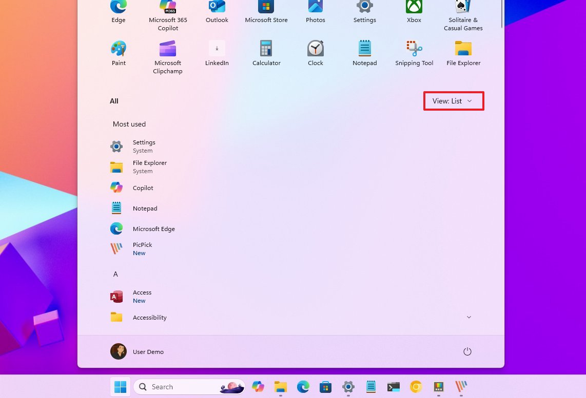 New Start menu List view