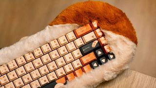 Dry Studio's PETBRICK 65 mechanical keyboard is partially seen at an angle. Inspired by calico cats, both the keyboard and its substantial, fluffy plush frame have patches of orange, black, and cream. A cat paw design is featured prominently on the Enter key.