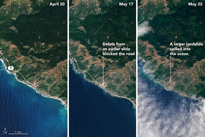 Images taken by NASA&#039;s Operational Land Imager on Landsat 8 reveal the extent of a massive landslide that has blocked off Big Sur&#039;s Highway 1. On the left, an image taken prior to the landslide (April 20), in the middle, an image taken after a smaller lan