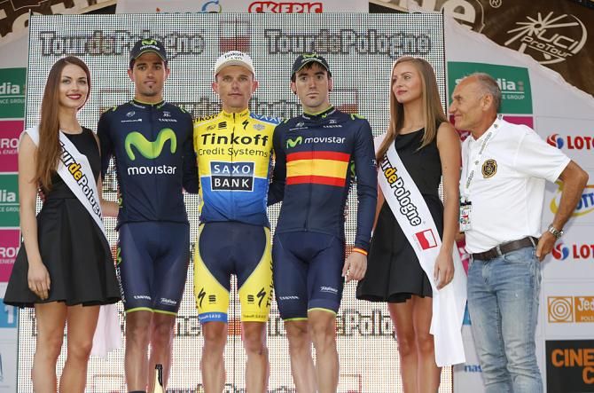 Tour of Poland stage 5 podium: Rafal Majka (Tinkoff - Saxo), Benat Intxausti (Movistar), Jon Izaguirre (Movistar)
