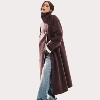 ASOS DESIGN funnel neck longline coat in chocolate