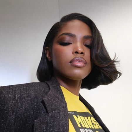 Ryan Destiny with short bouncy bob haircut