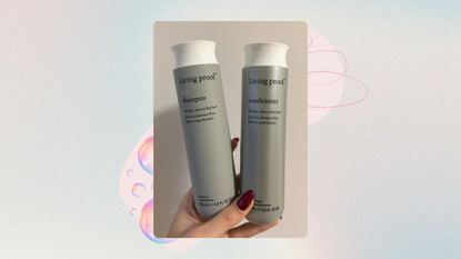 Hand holding Living Proof Full Shampoo and Conditioner on a pastel watercolour background with pink graphics and bubbles