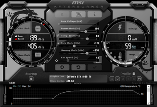 MSI Afterburner com relógio de núcleo e reforços de memória aplicados.