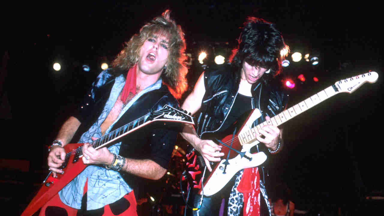 Ratt’s Robbin Crosby and Warren DeMartini performing live in 1985