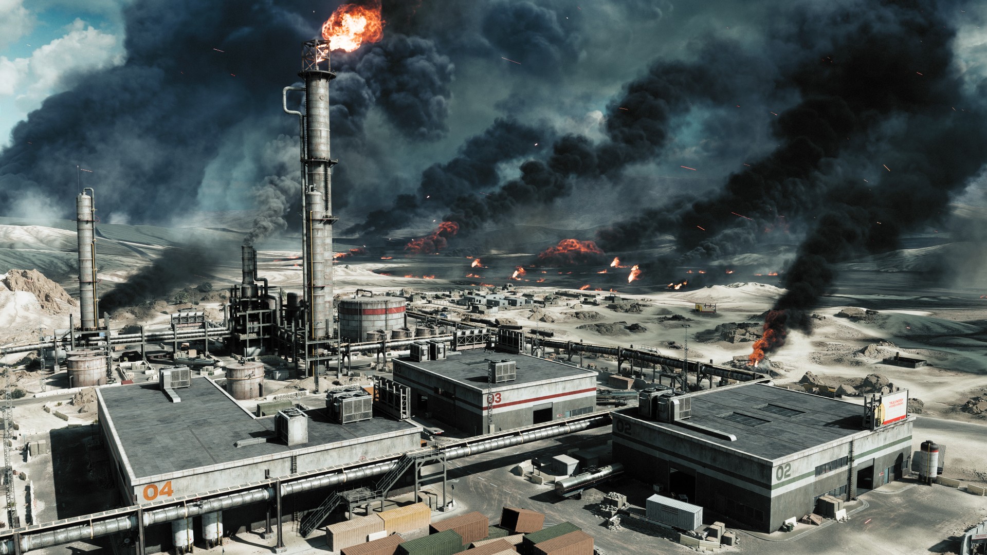 An oil refinery - Operation Firestorm - in Battlefield 6, with black smog blowing all through the sky