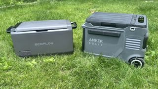 Anker Solix Everfrost 2 cooler next to EcoFlow Glacier cooler on grass