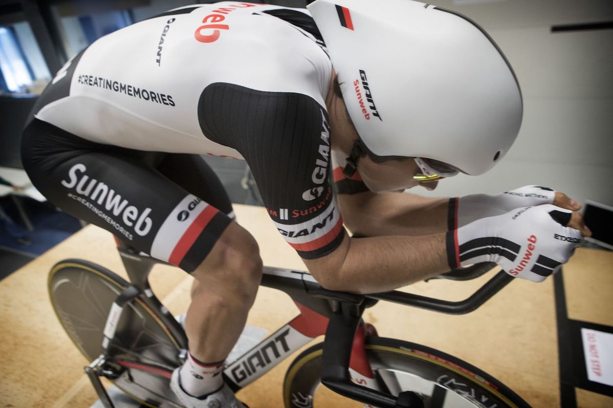 Michael Matthews sets his aero position at the Delft University of Technology wind tunnel