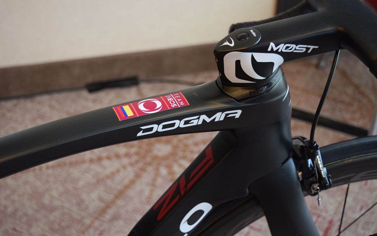 Bernal has the Colombian flag on his top tube