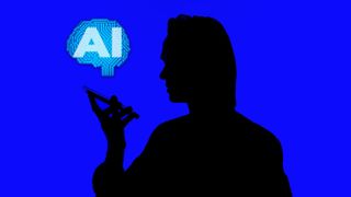 A silhouette of a worker using a phone, with a speech bubble above their device reading "AI" to represent shadow AI.