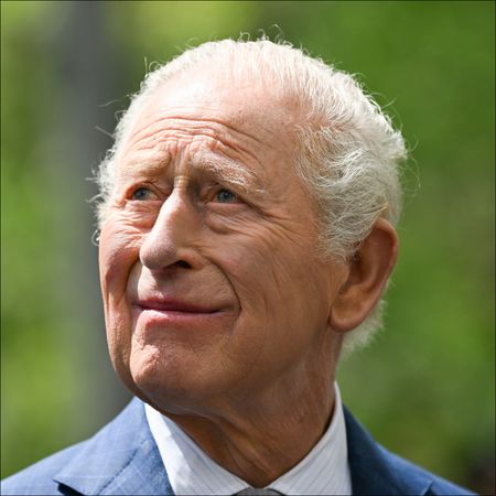 King Charles has white gray hair and looks to the sky with a wrinkled face while wearing a suit