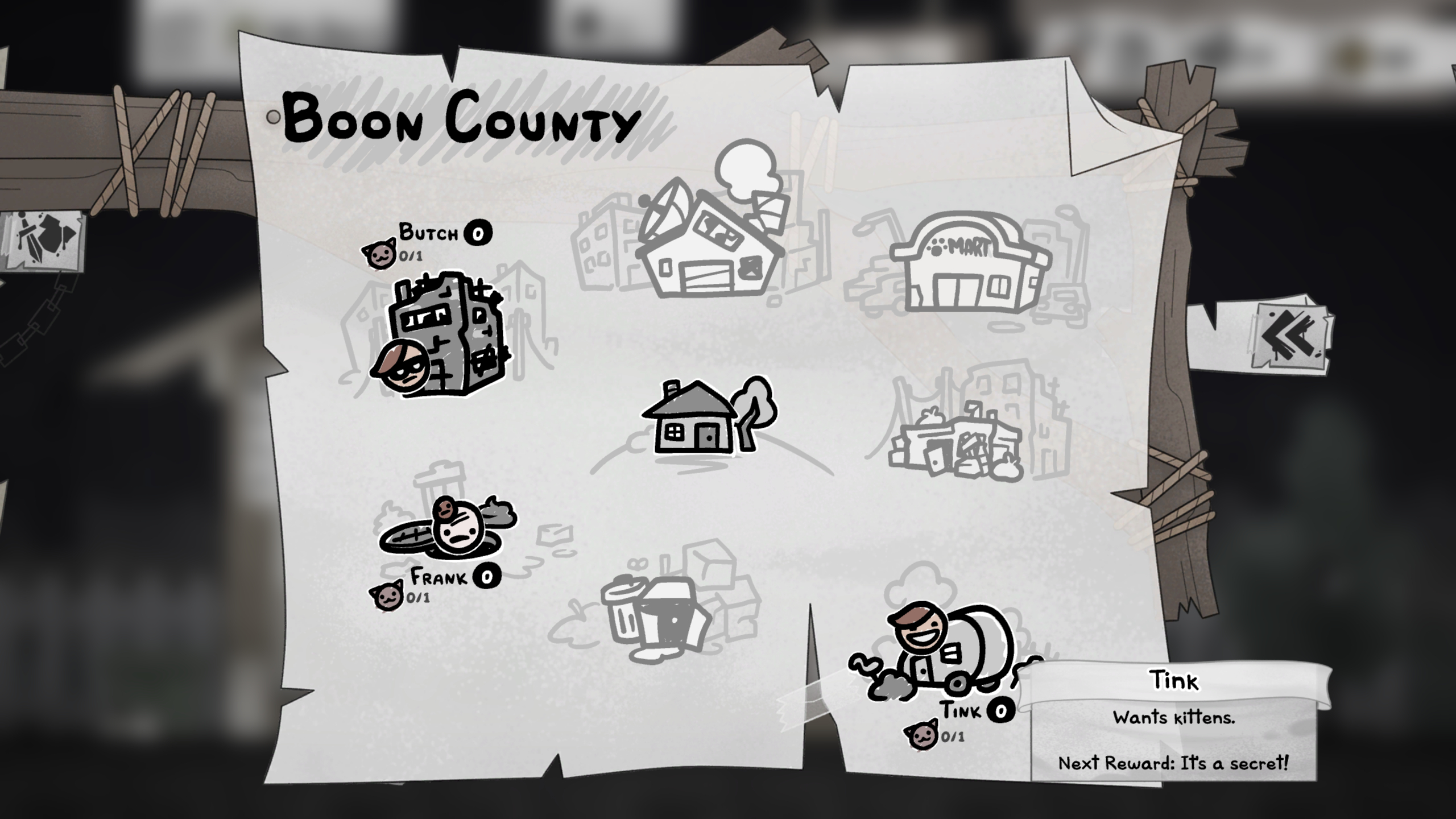 Mewgenics Fancy Bow: The Boon County map, specifically focusing on Tink in the bottom right corner.