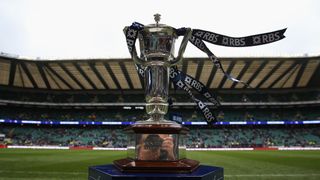 Six Nations trophy on a plinth in a rugby stadium