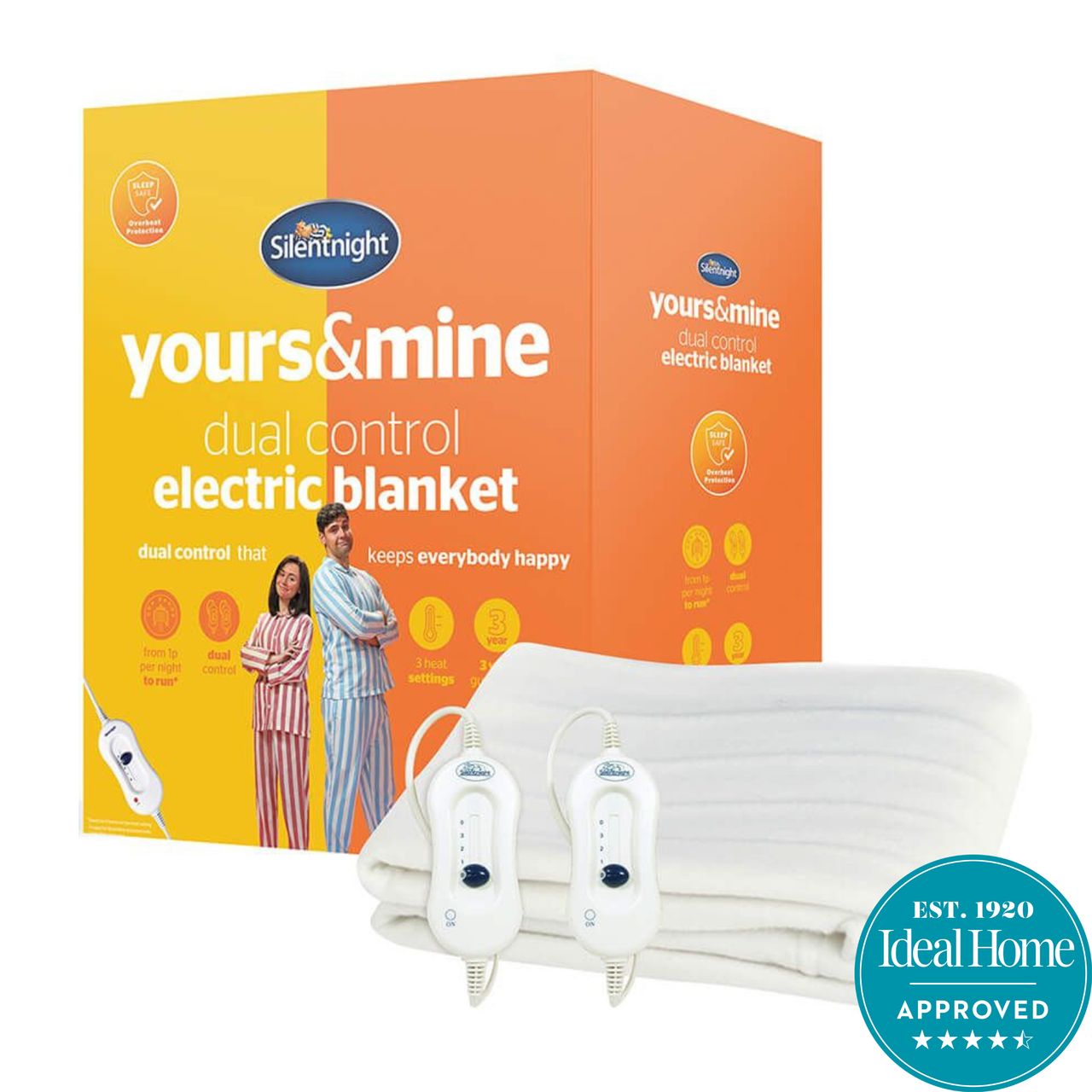 The Silentnight Yours &amp; Mine Dual Control Electric Blanket and its box with a blue Ideal Home badge rating it 4.5 out of 5 stars