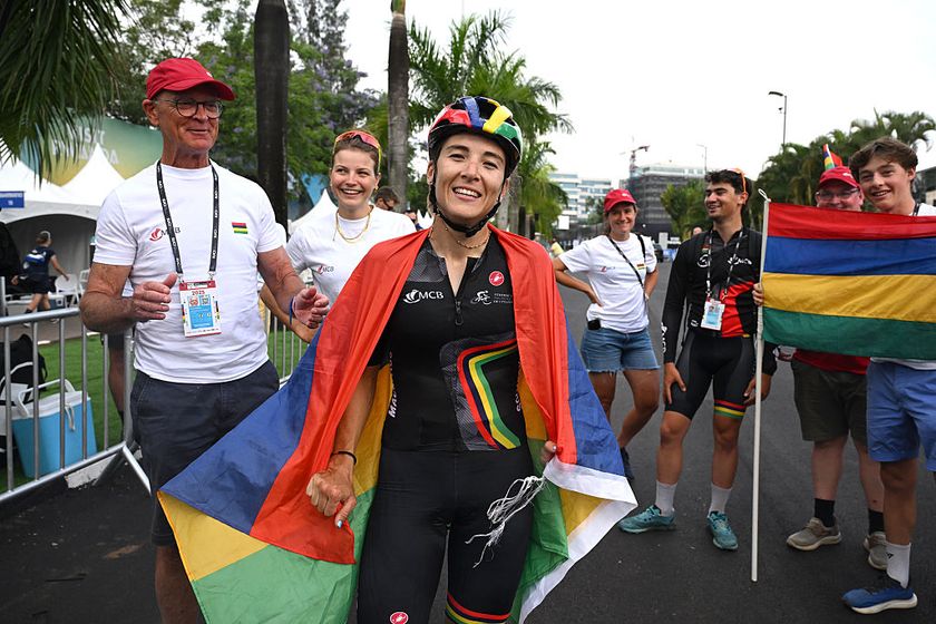 KIGALI, RWANDA - SEPTEMBER 27: Kimberley (Le Court) Pienaar and Team Mauritius reacts after the 98th UCI Cycling World Championships Kigali 2025 - Women Elite Road Race a 164.6km race from Kigali to Kigali on September 27, 2025 in Kigali, Rwanda. (Photo by Dario Belingheri/Getty Images)