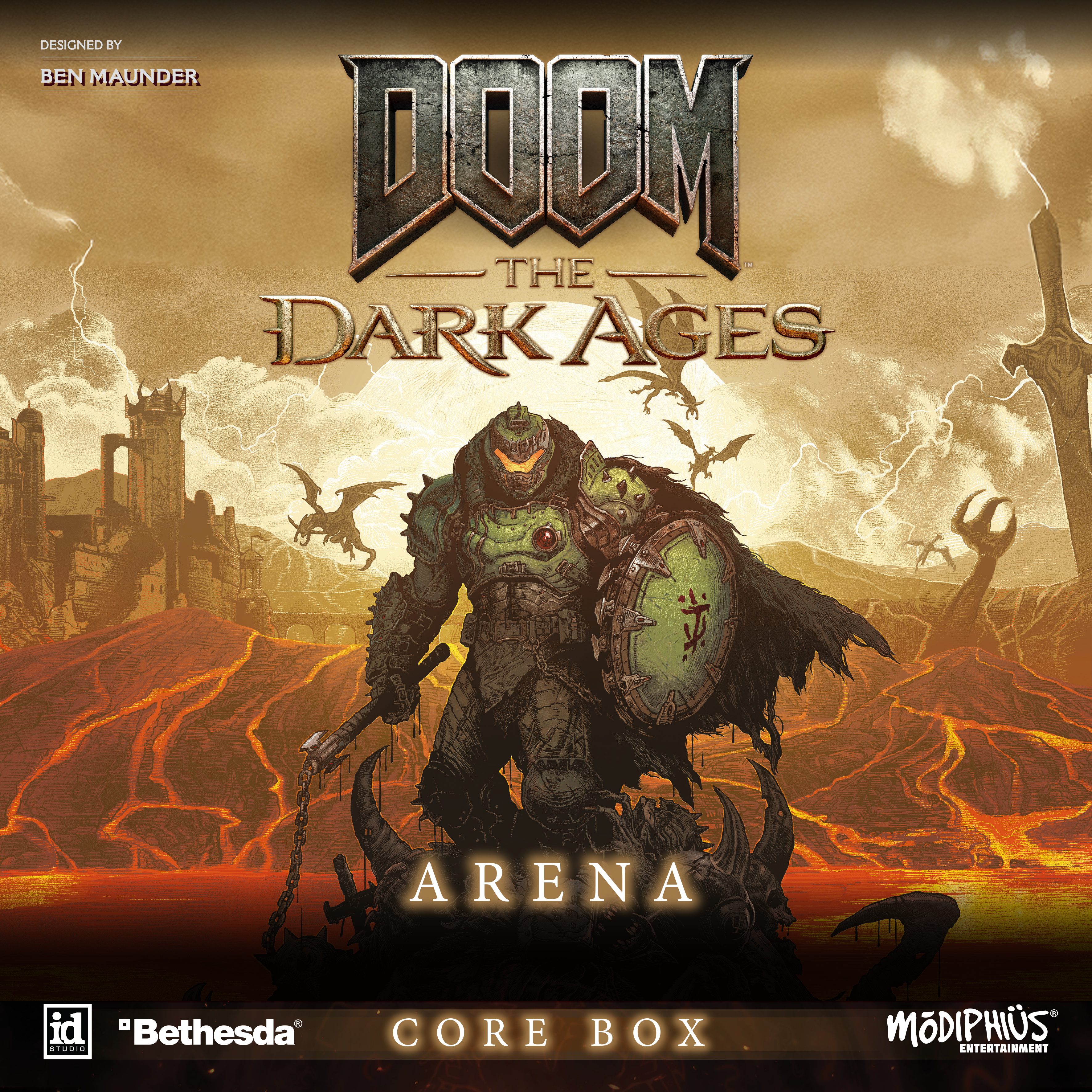 Doom The Dark Ages Arena box keyart showing the Doom Slayer holding a shield and standing against a volcanic landscape