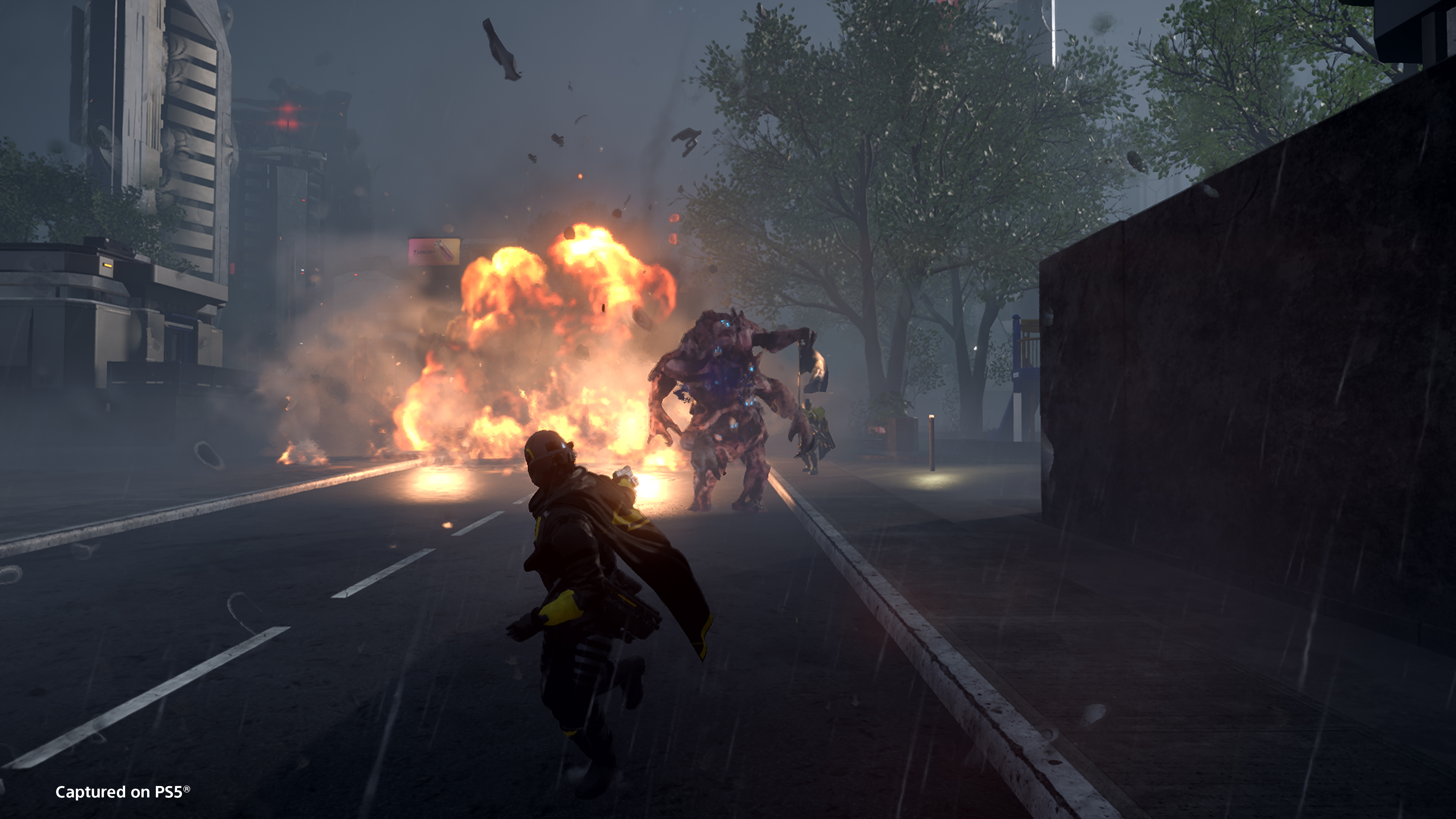 Super Earth defenders fighting Illuminate forces across a war-torn city in Helldivers 2