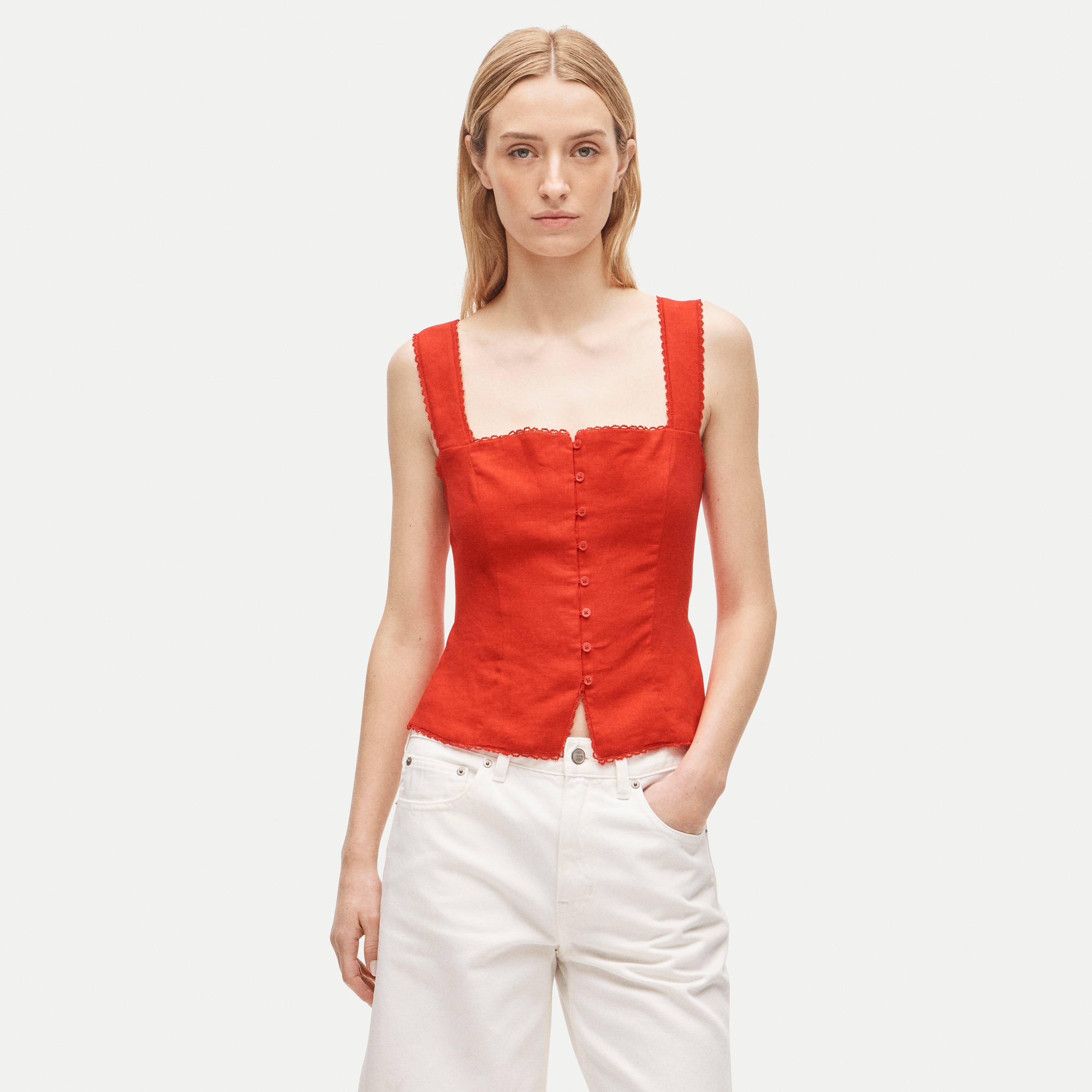 Lace-Trim Button-Up Tank Top in Linen