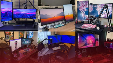 A bunch of desks in a collage