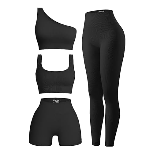 Oierd 4 Piece Workout Sets for Women Ribbed Leggings Clothes Yoga Sets Active Wear Cute Matching Work Out Sets Gym Pilates Outfits for Women Set Black,m
