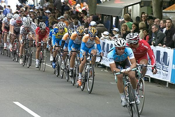 Movement on the front of the peloton as riders begin to attack the Garmin-Slipstream boys.
