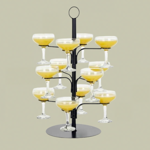 A black cocktail tree stand with coupe glasses