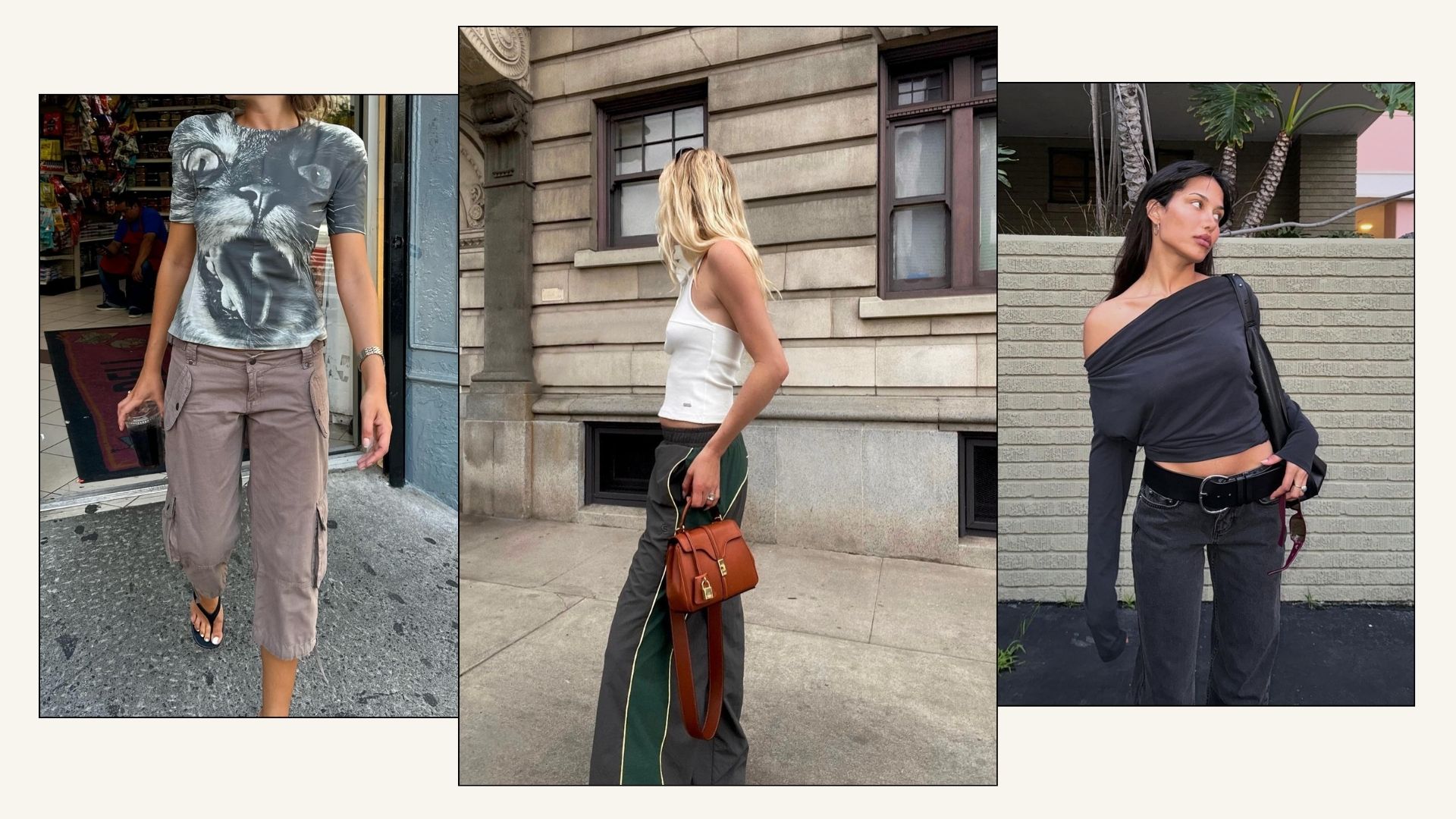 Influencer wear Gen Z trouser trends including long shorts, track pants and black jeans.