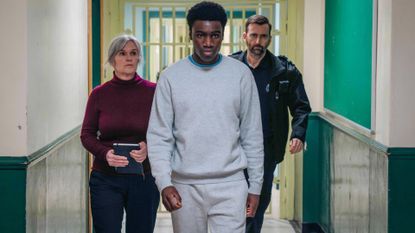 Marie Louise O’Dell (SIOBHAN FINNERAN); Christopher (Ushindi) Madubuko (CHUKWUBUIKEM MOLOKWU); Custodial Manager Bobby Bailey (DAVID TENNANT) in Time season 3