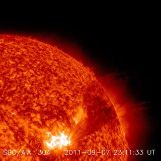 The Sun unleashed a large X class (strongest category) flare late on Sept. 7 and into early Sept. 8, 2011. The image was taken in extreme ultraviolet (UV) light from SDO.