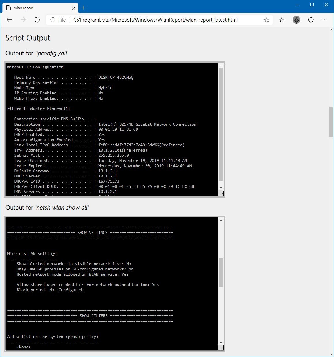 Wi-Fi report script output