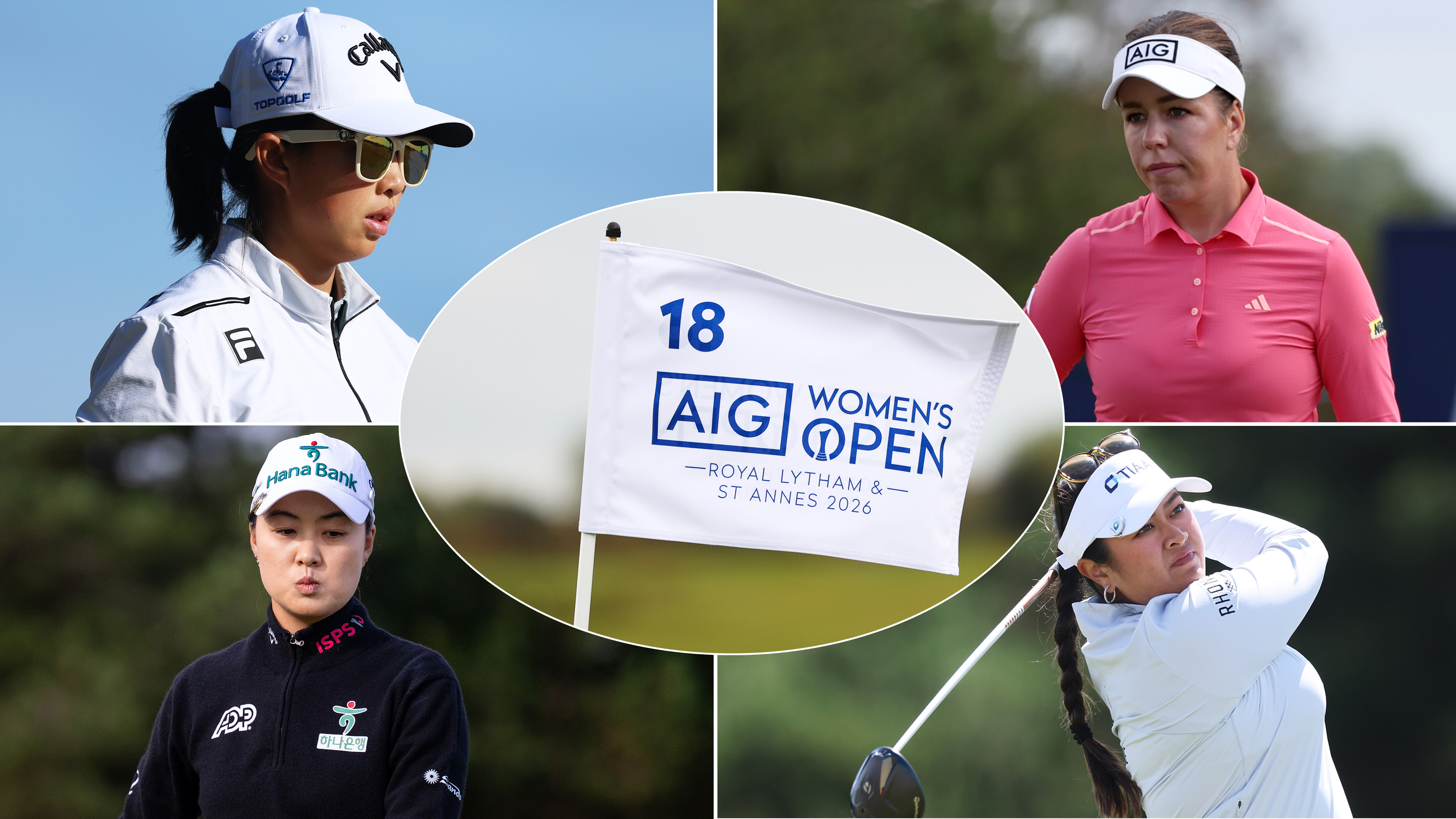 Ruoning Yin, Georgia Hall, Minjee Lee, Lilia Vu and an AIG Women's Open flag