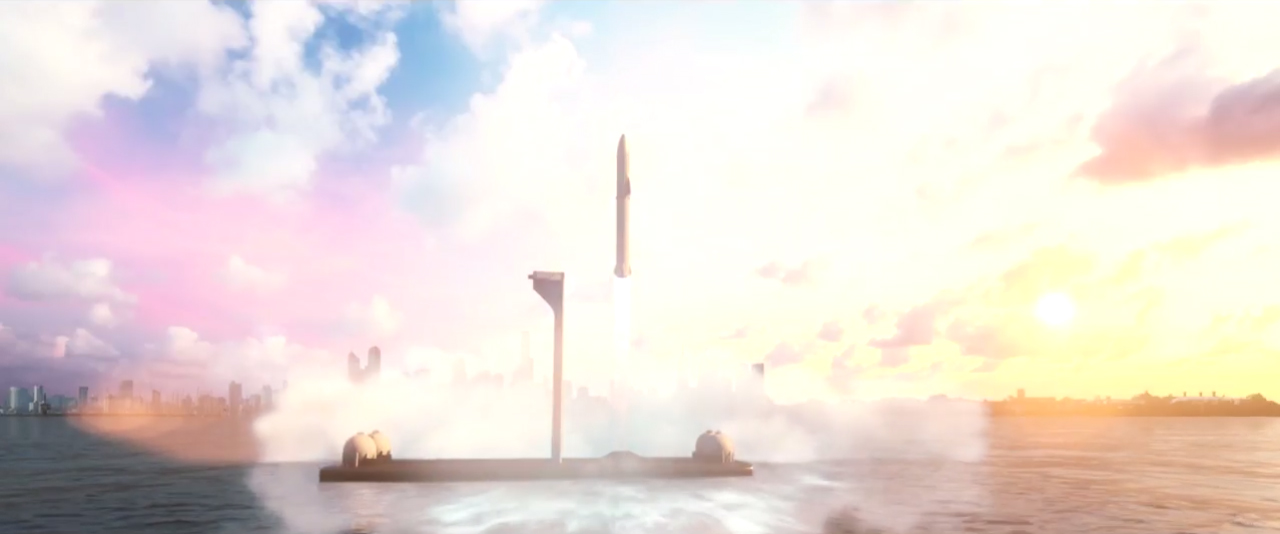 A giant SpaceX rocket launches from a floating platform near New York City carrying passengers bound for Shanghai in this still from a video animation depicting the potential for point-to-point travel on Earth with the massive spaceship.